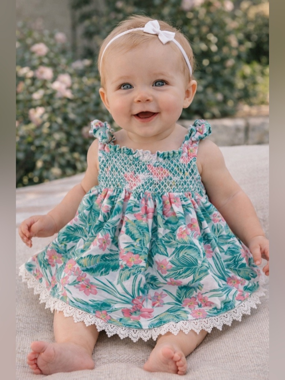 Tommy Bahama Baby Dress 3-6M Tropical Floral Smocked Pink Green Summer